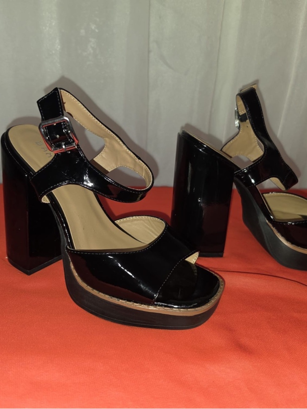Black Patent Block Heel Platform Sandals - Women